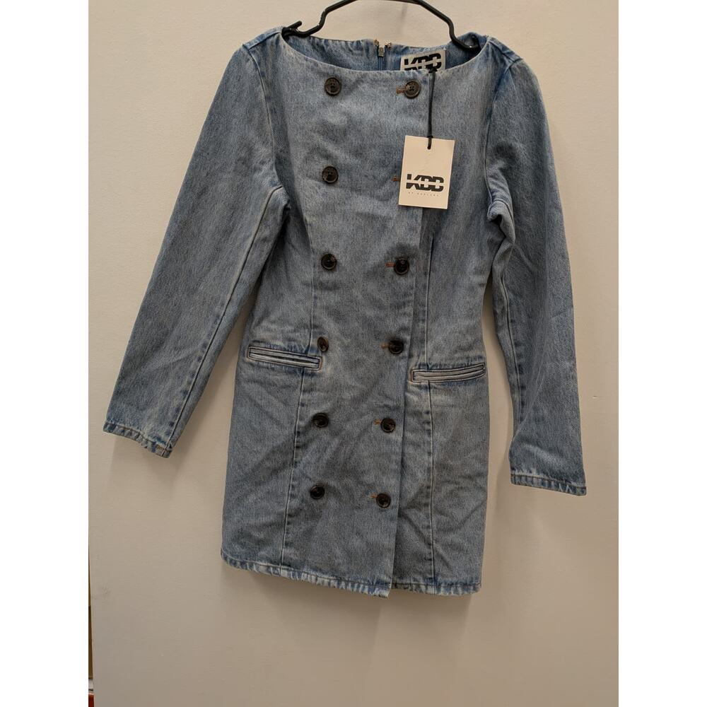 KbB by Kahlana Denim Mini Dress Women Size 4 Light Wash Double Breasted Long Sl